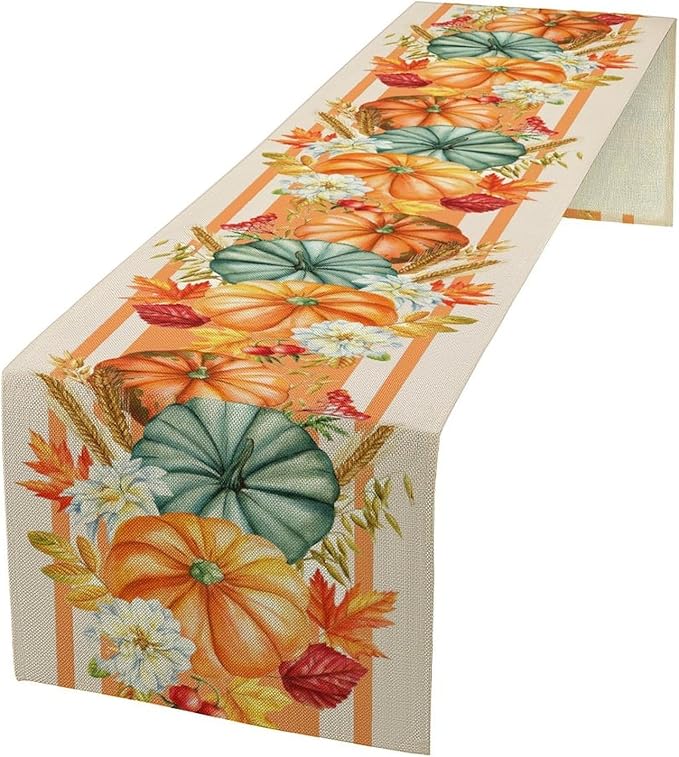 Autumn Table Runner,Orange Pumpkin Flowers Leaves Fall Table Runners Seasonal Kitchen Dining Table Decor for Thanksgiving Harvest Home Holiday Party 13x36 Inch