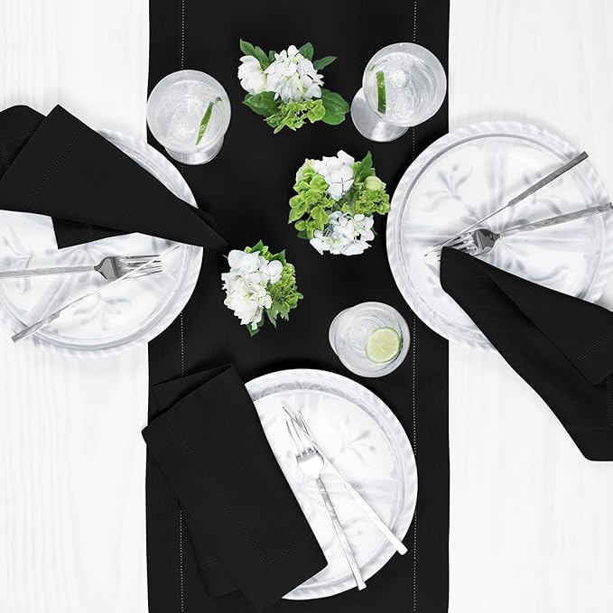 Solino Home Linen Black Table Runner 120 Inches Long - 100% Pure Linen 14 x 120 Inch Table Runner for Fall, Autumn, Halloween, Thanksgiving, Holiday - Classic Hemstitch