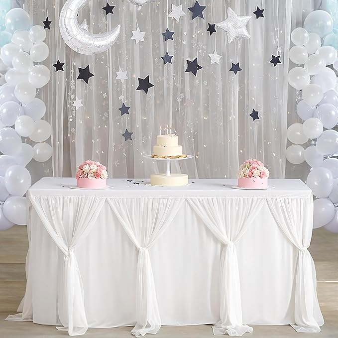 Suppromo White Tulle Table Skirts for Rectangle Tables 6ft for Wedding Birthday Party Bridal Shower White Tutu Ruffle Table Cloth for Cake Dessert Buffet Banquet Dinner Table Decorations