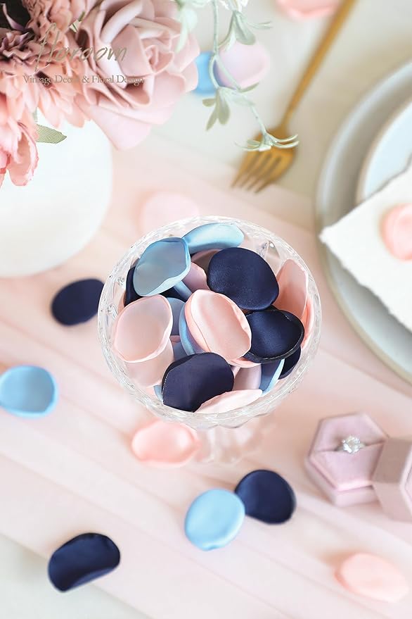 Floroom 300pcs Rose Petals Navy Blue Blush Faux Silk Flower Petals for Wedding Flower Girl Basket Aisle Scatter Dinner Table Centerpieces Party Confetti Bridal Shower Romantic Night Decoration
