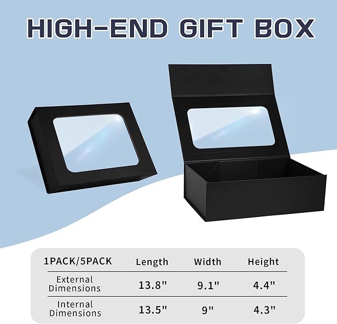 TIACABO Black Large Gift Box with Window, 13.5"x9"x4.3" Bridesmaid Boxe for Gifts Giving,Birthday Gift Boxes with Magnetic,Closure Lid Gifts Box for Presents,Cute Boxe,Luxury for Gift Packaging