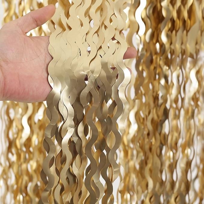4 Pack Wavy Champagne Gold Metallic Tinsel Foil Fringe Curtains Backdrop - 3.3X6.6ft Foil Fringe Backdrop for Parties | Door Streamers for Birthday | Photo Booth Backdrops Party Decor