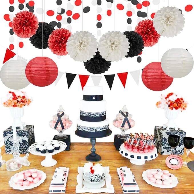 White Red Black Party Decorations - 15Pcs Tissue Paper Flower Pom Poms Lanterns Birthday Wedding Graduation Bachelorette Hanging Decor