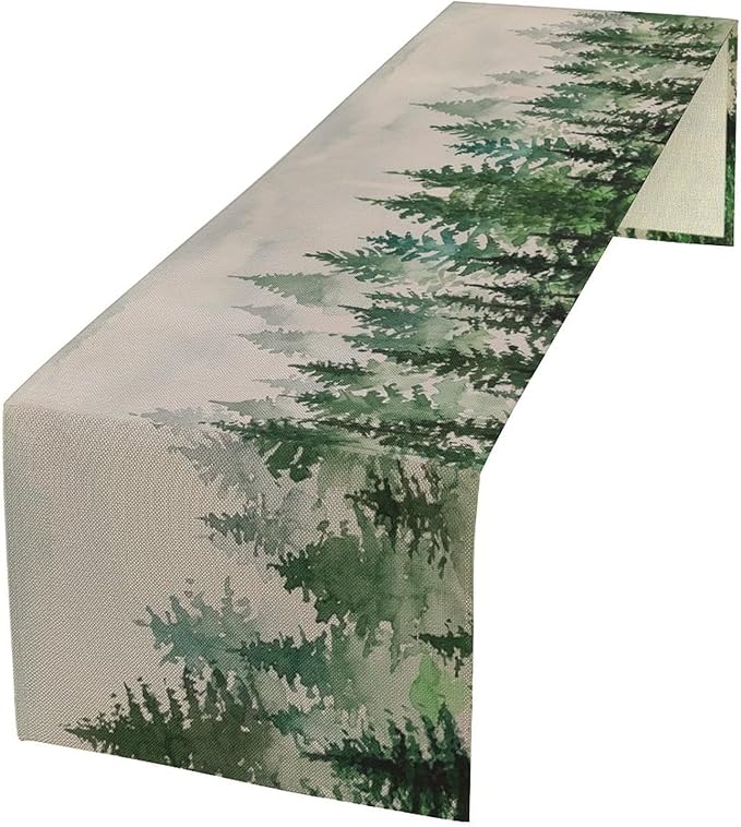 Foggy Forest Table Runner,Green Forest Natural Landscape Table Runner for Kitchen Dining Table Home Party Decoration 13x72 Inch