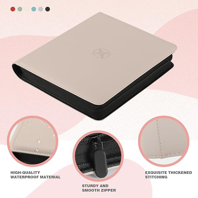 20-Pocket Card Binder, Trading Card Binder Holds 2000 Cards, Premium Zippered Trading Card Album Compatible with TCG, Game & Sports Cards (Ivory White)