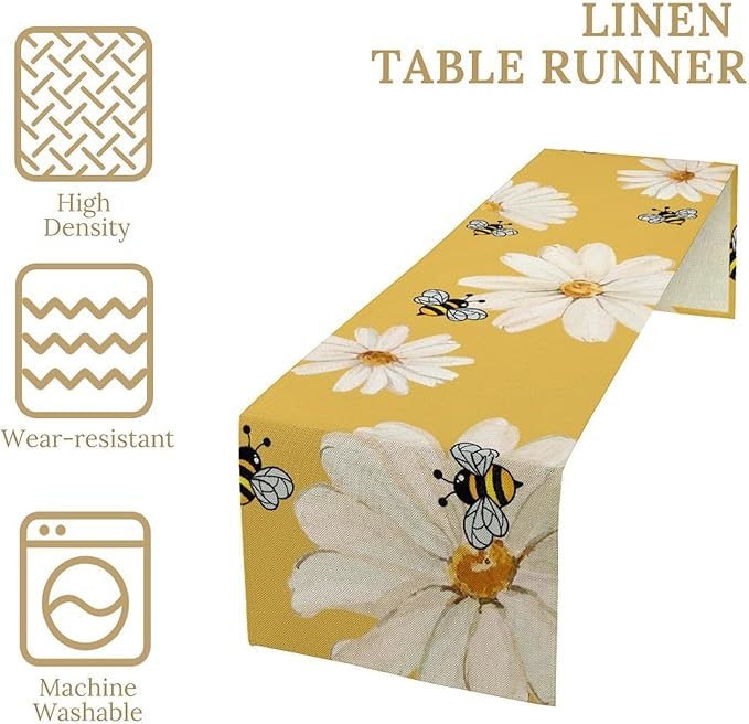 Daisy Flower Table Runner, Summer Spring Seasonal Watercolor Wildflower Yellow Bee Print Table Cover for Home Party Decor Kitchen Dining Table, 13x90inch