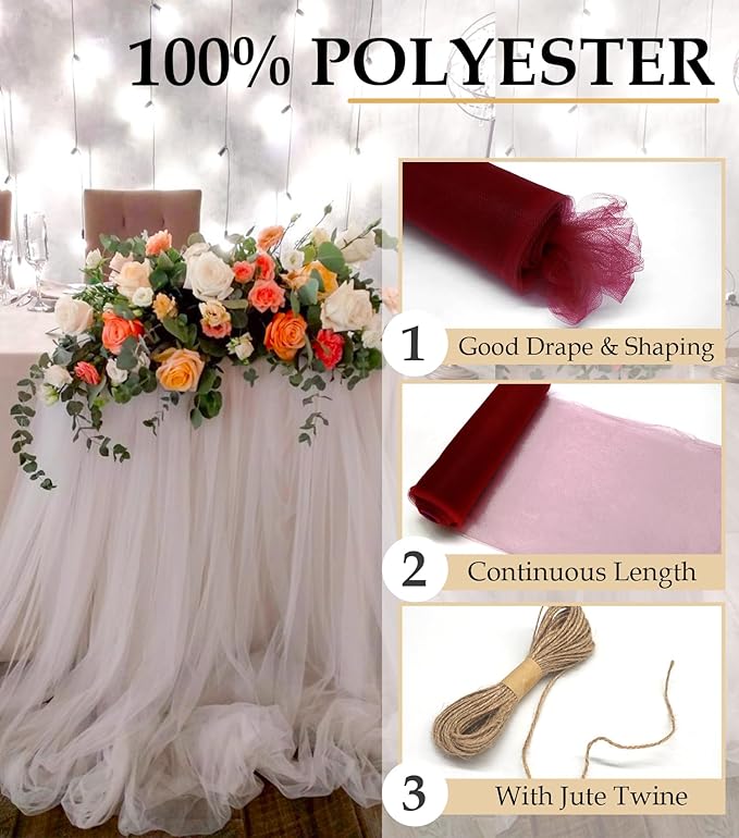 Burgundy Tulle Fabric Roll, 54" x 40 Yards (120FT) Tulle for Wedding Decoration DIY Tutu Party Backdrop Baby Shower Table Skirts Gift Wrapping
