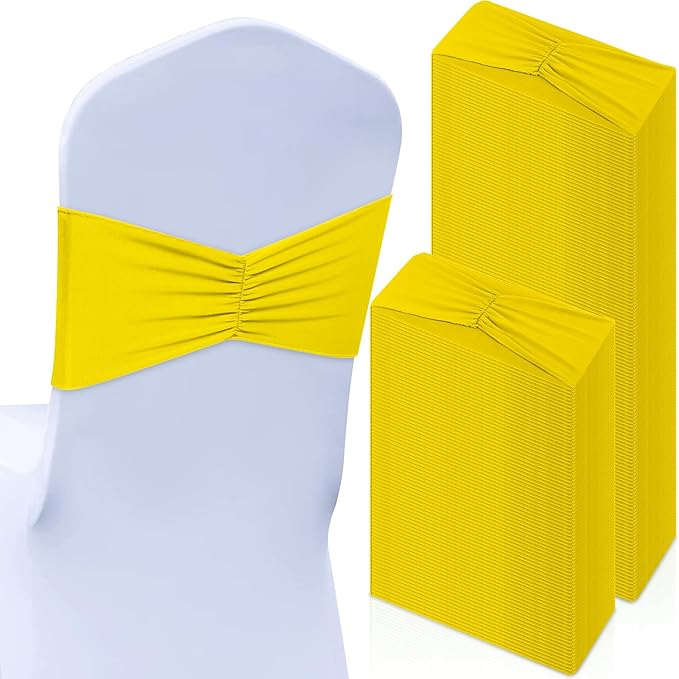 Moukeren 100 Pcs Spandex Chair Sashes Bows Bands Slider Sashes for Chair Covers Elastic Bands Ties Ribbon Decorations for Wedding Party Events Ceremony Birthday Banquet(Yellow)