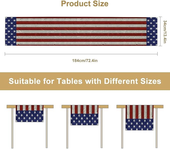 American Flag Table Runner, 4th of July USA Rustic Vintage Wooden Blue Red Stars Stripes Print Table Runner for Farmhouse Kitchen Dining Table Decor, 13x108inch