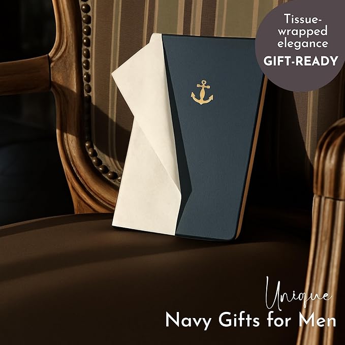 SETTINI Lined Journal, Ideal for Journaling - A5 Vegan Leather Notebook, 192 Archival-Quality Pages, QuillEase Bleed-Free Paper, Inner Pocket & Bookmark - US Navy Gifts, Navy Anchor