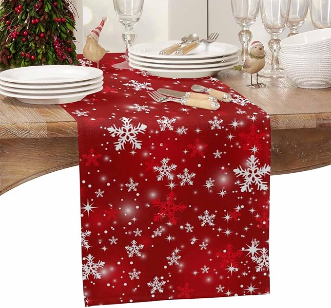 Christmas Snowflakes Cotton Linen Table Runner for Dining Kitchen, Red Xmas Winter Snow Wedding Outdoor Party Tablerunners Decoration, New Year Dresser Scarf Coffee Tablecloth Runners 13x90 Inches