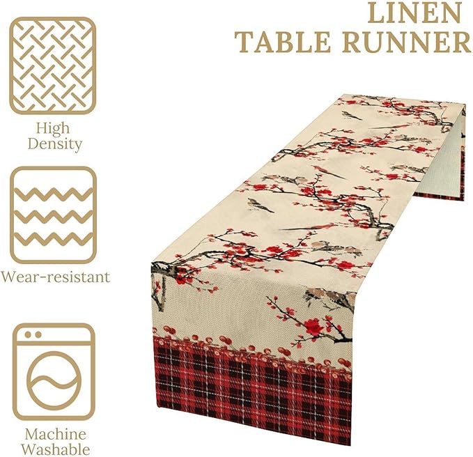 Bird Table Runner,Red Black Buffalo Plaid Blossom Seasonal Table Runner for Kitchen Dining Table Decoration Home Party Decor 13x108 Inch