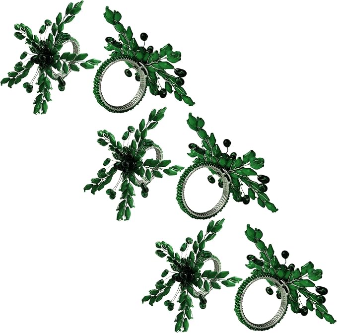 Napkin Rings Set of 12 for Dining Table Decoration Parties Everyday Metal Napkin Holder Leaf Dark Green (Pack of 12)