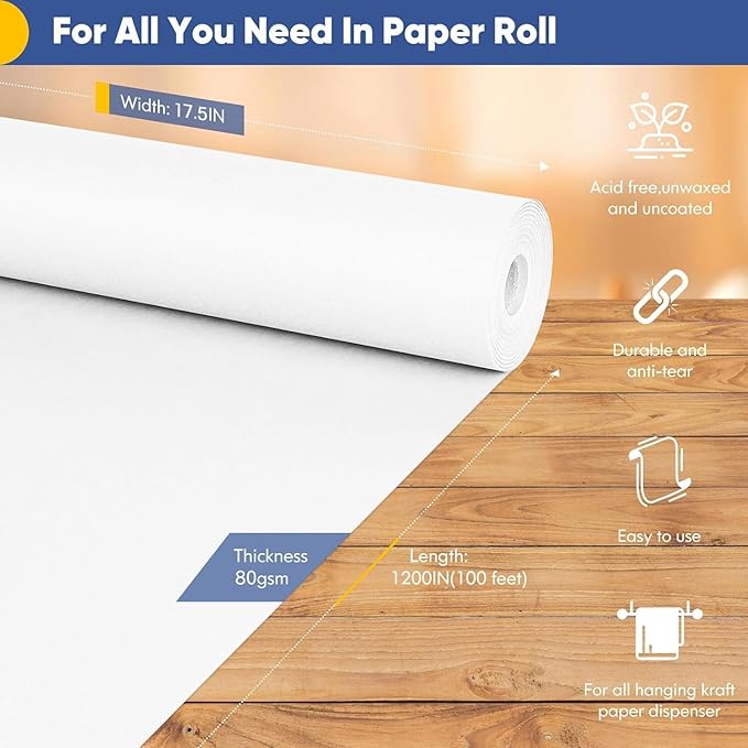 Vanhench White Wrapping Paper 17.5"x1200"(100'), White Easel Painting Drawing Paper Roll Kids Art Supplies, Chart Poster Bulletin Board, Floor Covering Arts Crafts Gift Wrap 80GSM 55LB