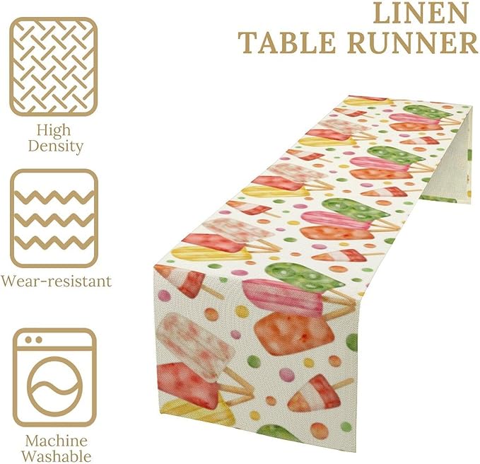Summer Popsicles Table Runner, Watercolor Colorful Fruit Ice Cream Pops Berry Kiwi Cold Summer Sweet Seasonal Dinner Runner for Party Holiday Home Kitchen Dining Table Decor 13"x120"