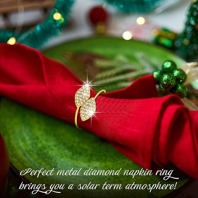 Hotop 300 Pcs Napkin Rings Gold Table Decorations, Elegant Bling Leaves Napkin Rings, Rhinestone Guest Towels Buckle for Wedding Gold Party, Thanksgiving Christmas Dinner Banquet Table Decoration
