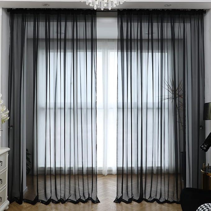 Window Black Sheer Curtains 130 Inches Long 2 Panels Sheer Curtain Basic Rod Pocket Panel for Bedroom Children Living Room Yard Kitchen (Black, 52" W x 130" L | 2 pcs)