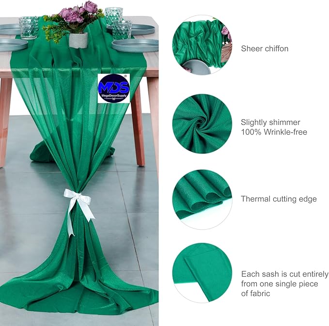 MDS Halloween Chiffon Table Runner - 12 Pack, 29 x 170 Inches, 14ft Each - Sheer Spooky Table Runners for Haunted House Parties, Trick-or-Treat Tables, Witchy Décor, Wedding & Events - Emerald Green