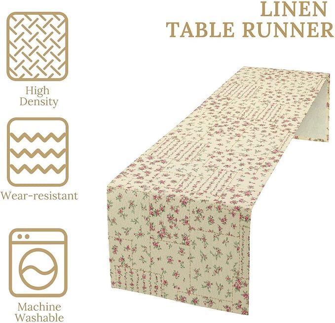 Floral Table Runner, Watercolor Rose Flower Kitchen Table Decoration Vintage Spring Home Tablecloth for Birthday Party Picnic Decoration 13x120 Inch 1PCS