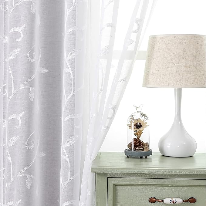 VISIONTEX White Leaves Sheer Voile Curtains, Decorative Embroidery Rod Pocket Window Drapes for Home Living Room and Bedroom 54 x 84 Inch, Set of 2 Curtain Panels