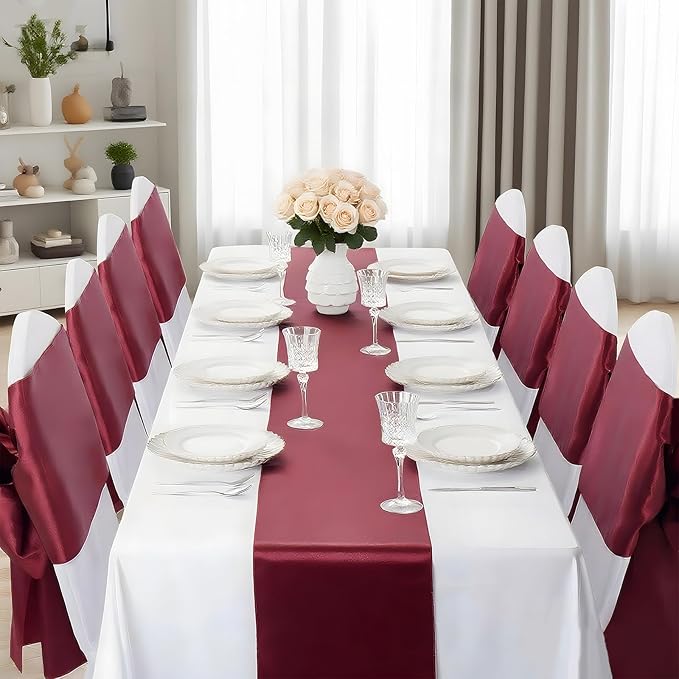 SHEJIZE 20 Pack Wine Red SatinTable Runner 12x108 Inches Long, Bright Silky Smooth Satin Table Runner Table Decor for Wedding Banquet Christmas Prom Event Birthday Party