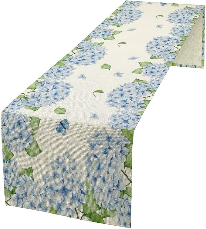 Watercolor Hydrangea Flower Table Runner, Spring Summer Seasonal Plants Butterfly Blue Dinner Runner for Home Kitchen Dining Table Party Holiday Decoration 13"x120"