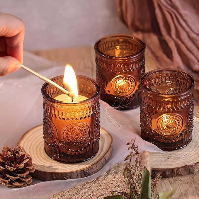 DARJEN Amber Votive Candle Holders Set of 36- Glass Candle Holders Bulk for Flameless LED Tea Waxes, Vintage Candle Holder for Wedding & Home Table Decor, Vintage Parties