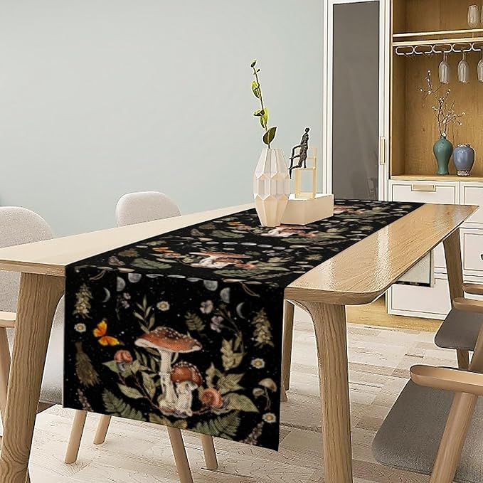 Mushroom Kitchen Table Runner, Boho Vintage Wild Flower Gothic Witchy Moonlit Forest Plant Table Runner for Bedroom Living Room Kitchen Dinner Table, 13x36 Inch