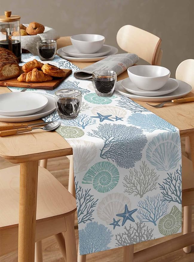 Coastal Coral Cotton Linen Table Runner for Dining Kitchen, Wedding Outdoor Party Tablerunners Decoration, Blue Nautical Starfish Ocean Shell Beach Dresser Scarf Coffee Tablecloth Runners 13x72 Inches