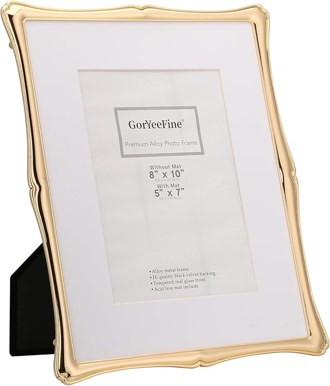 8 x 10'' Premium Alloy Gold Photo Frame with Acid Free 5x7'' Mat - High-End Décor Metal Frames 5x7'' with Black Velvet Back