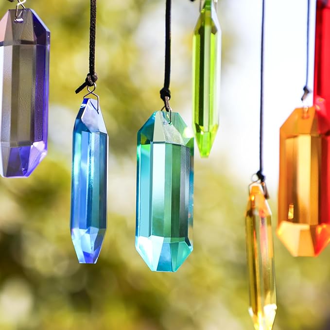 HDCRYSTALGIFTS 7pcs Crystal Suncatcher Prisms 3'' Indoor Window Hanging Ornament Rainbow Glass Prism Sun Catcher Decor for Home Garden Healing Crystals