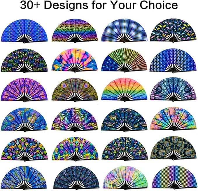 UV Glow Rave Fan, Bamboo Folding Clack Hand Fans Foldable for Men Women, Boots on the Ground Poping Fan for EDM Festival Line Dance Decoration, (Space Psychedelic, Large 13")