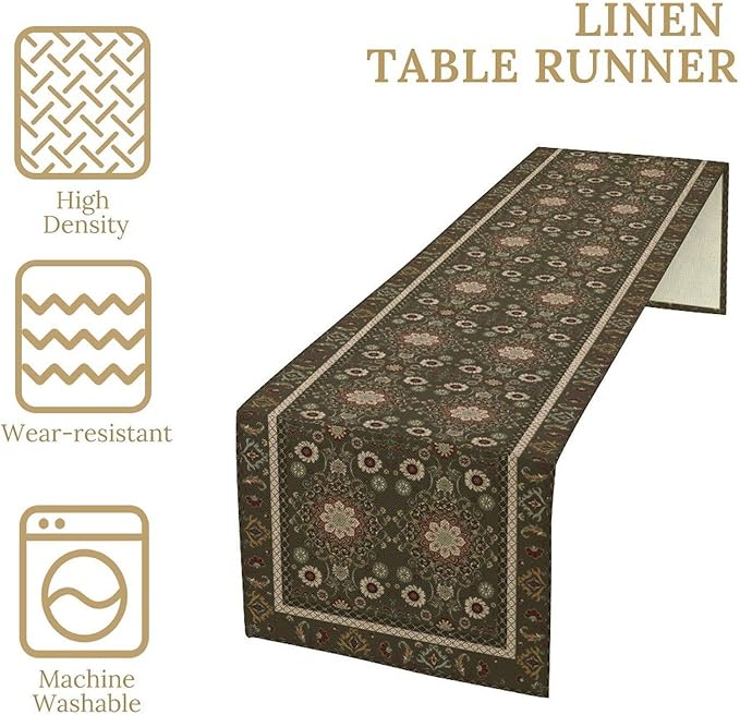 Vintage Boho Floral Table Runner, Rustic Country Farmhouse Brown Bohemia Flower Pattern for Home Kitchen Table Decor Dining Coffee Room Party Decor 13x120in