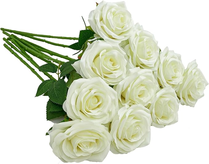 Artificial Rose 10pcs Open Flower Bouquet Faux Rose Stems for Wedding Arrangement, Bridal Bouquet, Centerpiece, Fake Faux Silk Flowers (Pale Yellow)