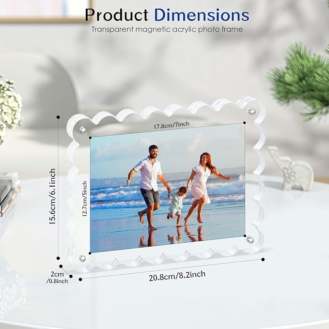 6Pack Acrylic Magnetic Photo Frame 5x7 Inch - Sleek Scalloped Design, 10+10mm Thick Crystal Clear Block, Freestanding Double-Sided Magnet |Trendy Home Gift (6 Pack, 5X7)