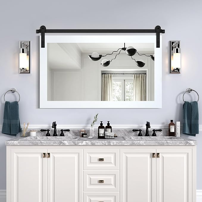COGOOD Farmhouse Bathroom Mirror - 41" x 30" Rustic Barn Door Mirror for Living Room, Entryway, Bedroom, Vanity Wall Decor (Pure White)