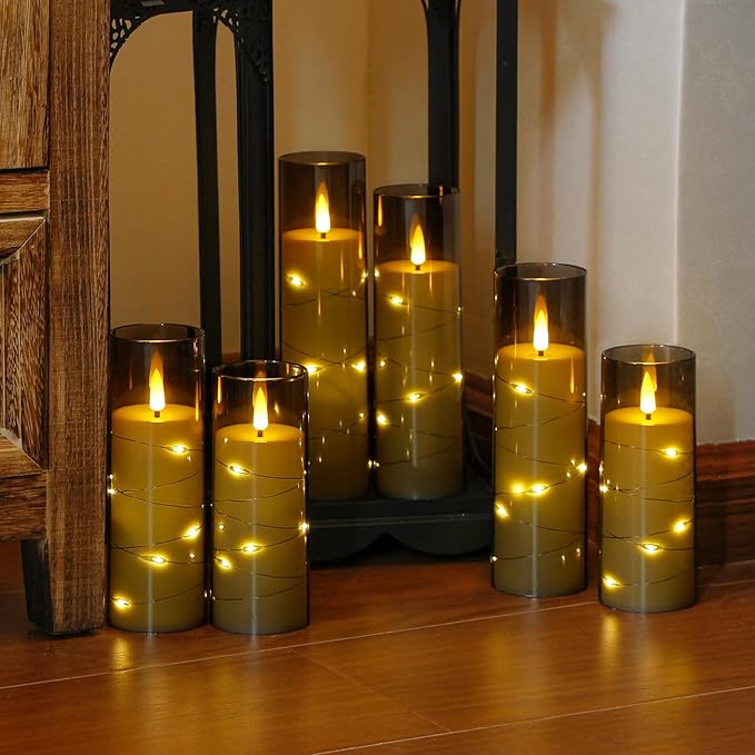 Grey Flameless Candles with Remote and String Light, 2.2"x 5",5",6",7",7",8" LED Battery Operated Plastic Flickering Timer Pillar Candles(Pack of 6,Turn On/Off String Light Mode)