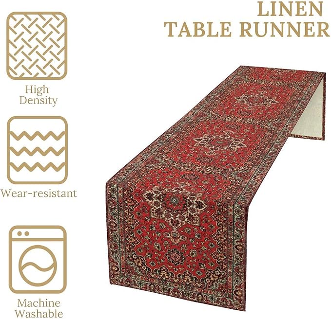Vintage Boho Floral Table Runner, Rustic Country Farmhouse Red Black Retro Flower Pattern for Home Kitchen Table Decor Dining Coffee Room Party Decor 13x72in
