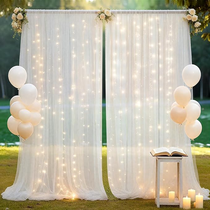Ledido 10×8ft Tulle Backdrop Curtains with Lights String - 300LED Fairy Lights Sheer Curtain Backdrop for Weddings Baby Shower and Birthday Party Decorations(6 Panels 5×8ft)