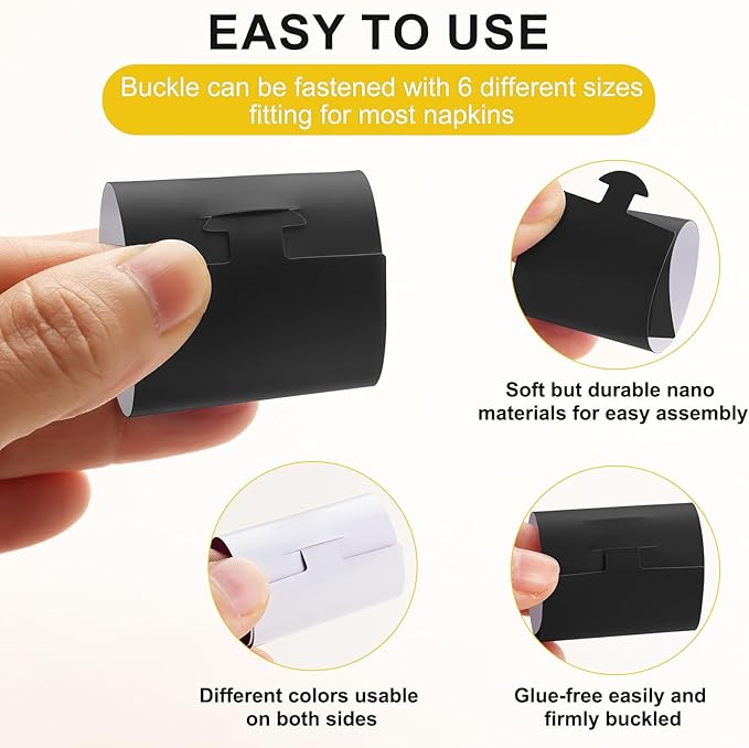 Polymer Material Reusable Napkin Band, Glue-Free Tear-Proof Water Resistant Oil-Proof Napkin Bands Set of 200(Front Black Color and Back White), 6 Adjustable Sizes Napkin Rings