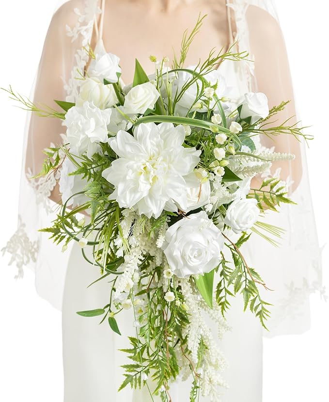Ling's moment White Green Bridal Bouquet for Bride, White Green Wedding Bouquets for Bride, 13 Inch Bride Bouquets for Wedding Artificial Flowers Bouquets