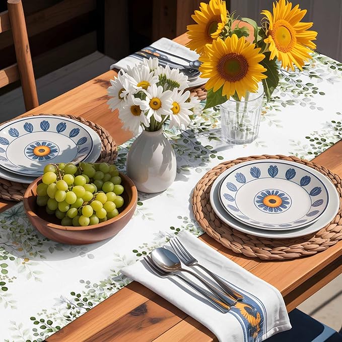 Sage Green Eucalyptus Cotton Linen Table Runner for Dining Kitchen, Farmhouse Leaves Wedding Outdoor Party Tablerunners Decoration Botanical Floral Dresser Scarf Coffee Tablecloth Runners 13x60 Inches