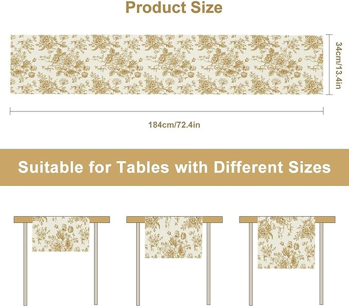 Retro Floral Table Runner, Golden White Wildfloral Sketch Print Kitchen Dinning Table Runner for Indoor Outdoor Home Wedding Party Holiday, 13x70 Inch