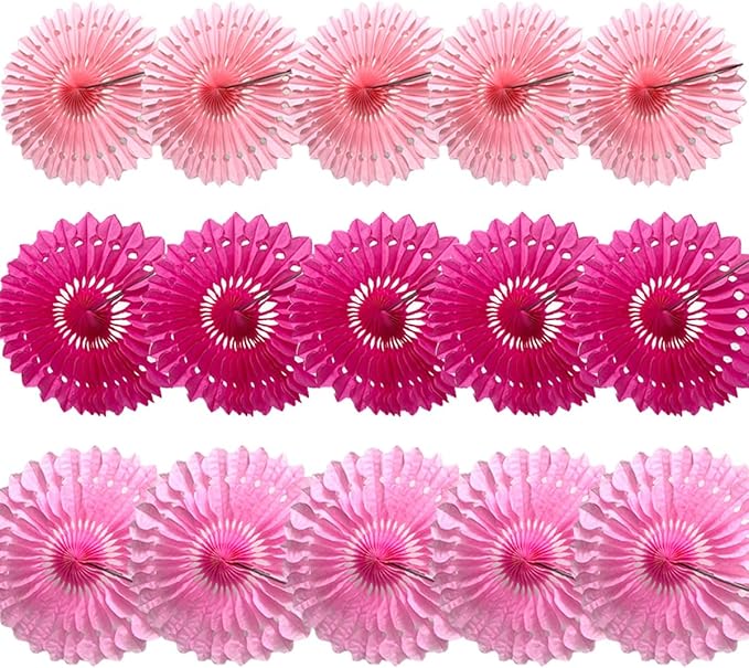 15pcs 10'' 12'' 14'' Paper Fans Decorations Pink Theme Party Decor Round Tissue Paper Fans Hanging Fans Set Party Paper Honeycomb Fans Decorations for Party Birthday Wedding Events