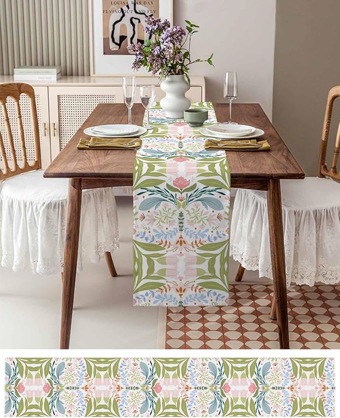 Green Blue Pink Boho Floral Cotton Linen Table Runner for Dining Kitchen, Wedding Outdoor Party Tablerunners Decoration, Retro Bohemian Botanical Dresser Scarf Coffee Tablecloth Runners 13x108 Inches