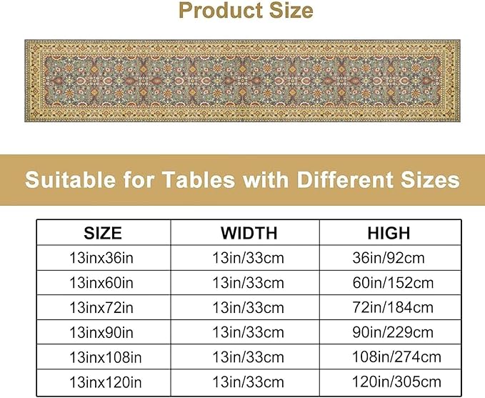 Boho Floral Vintage Beige Blue Table Runner, Retro Flower Rustic Country Farmhouse Abstract Pattern for Home Kitchen Table Decor Dining Coffee Room Party Decor 13x120in