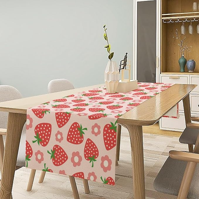 Strawberry Table Runner Spring Summer Fruit Pink Berry Forest Garden Dinner Runner for Girl Baby Shower Party Holiday Home Kitchen Dining Table Decor 13x120