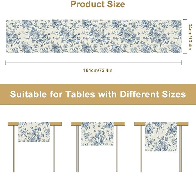 Floral Table Runner, Retro Blue Flower Chinoiserie Sketch Pattern Print Table Runner for Kitchen Dinning Table Runner Decor Home Wedding Party Holiday, 13x36 Inch