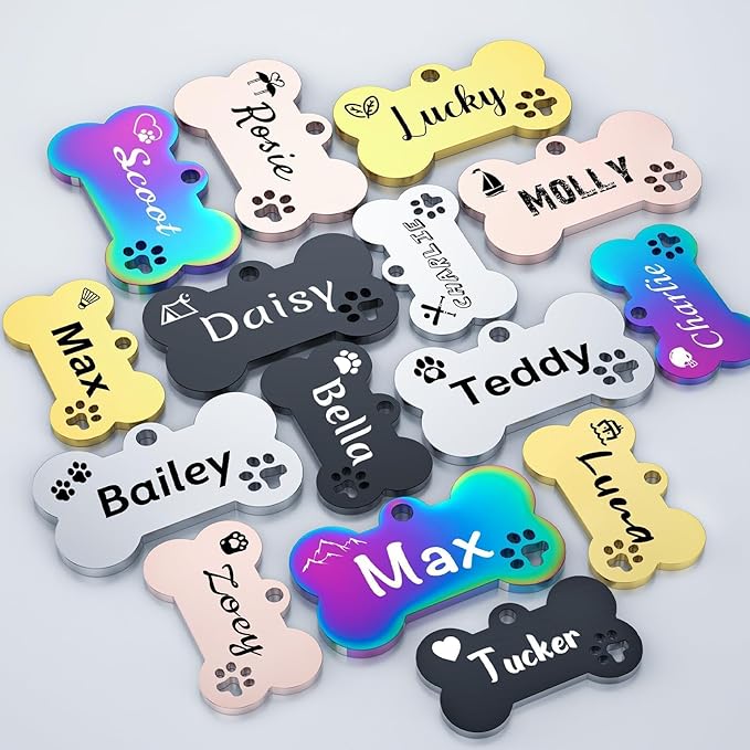 Dog Tags Engraved for Pets - YEHANTI Personalized Dog Tags with Lovely Icons, Durable Stainless Steel Pet ID Tags for Small Large Dogs Cats, Custom Dog Name Tags Engraved on Both Sides (Bone)