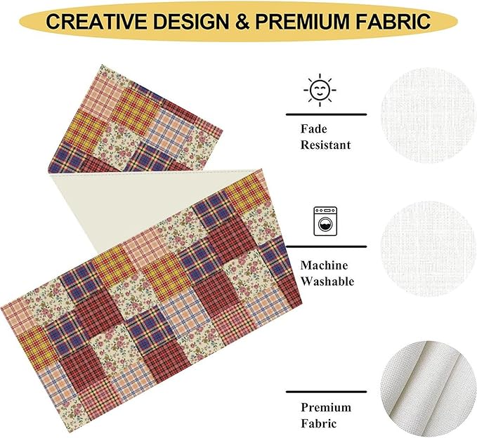 Patchwork Table Runner, Boho Vintage Floral Checkered Plaid Bohemian Paisley Flower Farmhouse Table Center Decor for Home Kitchen Dining Patio Holiday Party Indoor Table Decorations, 13"x90" Inch